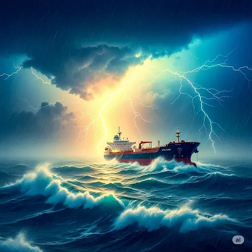 Oil Tanker moving through Lightning Storm