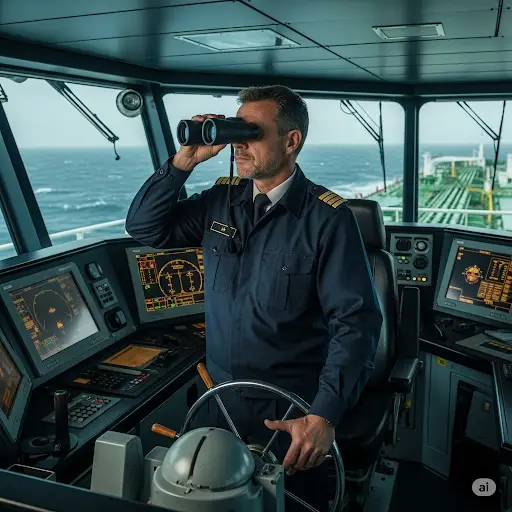 Oil Tanker Captain plotting the course to open Seas.