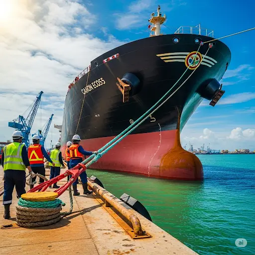Oil Tanker docking at terminal.